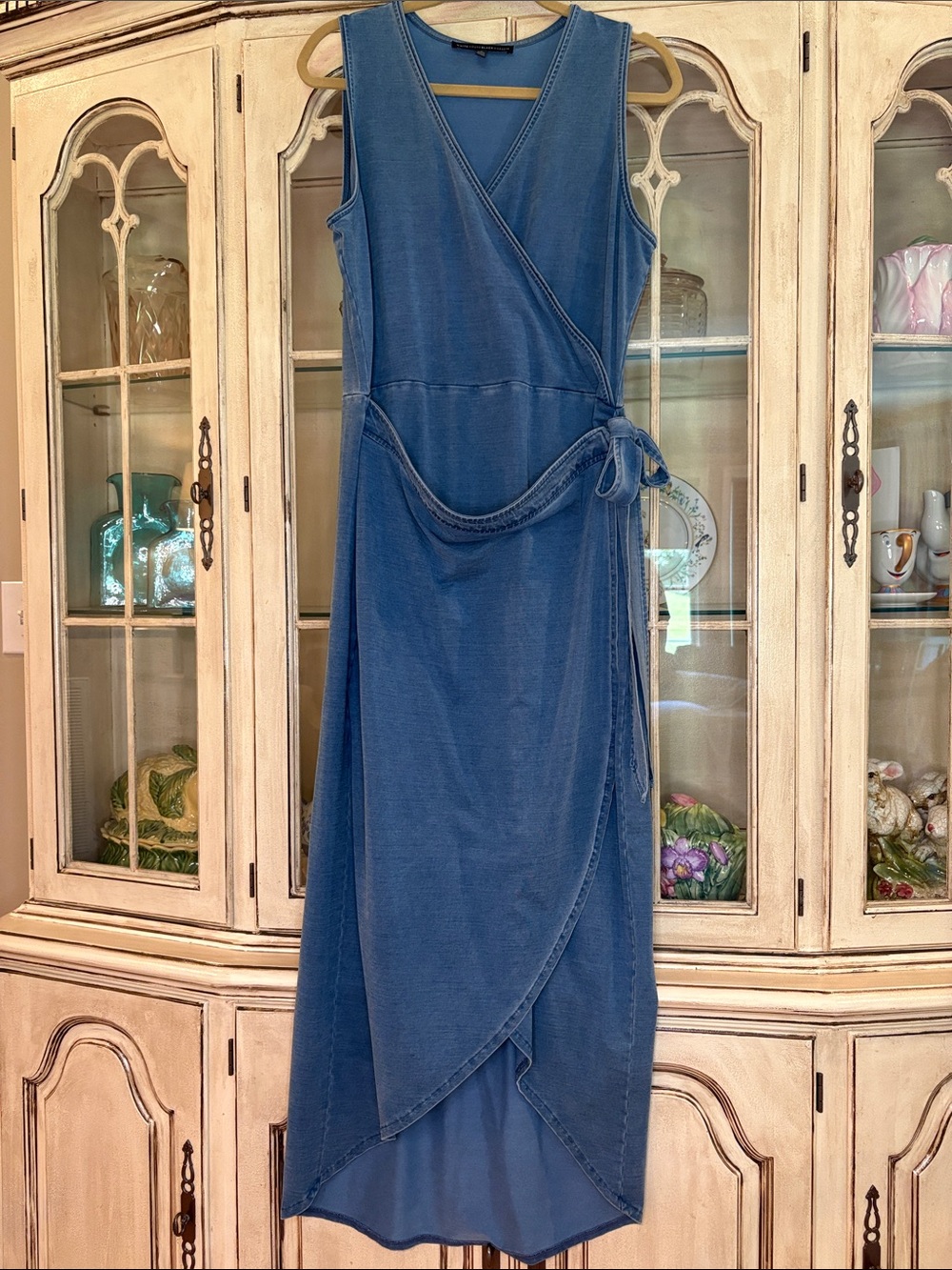 WHBM Sleeveless Faux Wrap Maxi Dress in Soft Denim Blue